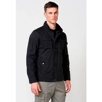 Imagen de Chaqueta de Algodón con cuello alto y Cierre delantero cremallera Bolsillos delanteros solapa uno interior color Negro para Hombre