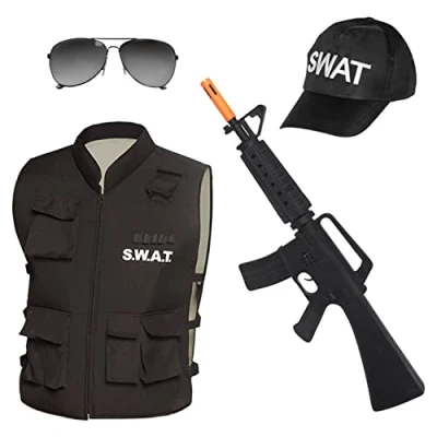Imagen de Boland Set SWAT para adultos, negro y blanco, rifle falso, chaleco, gorro gafas, arma chaqueta, gorra de base, gafas sol, disfraz, carnaval, fiesta temática.