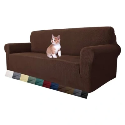 Imagen de MAXIJIN Funda elástica para sofá de 3 plazas, 1 Pieza Fundas Sala Estar Jacquard Protector Muebles Perros (3 Plaza, Café)