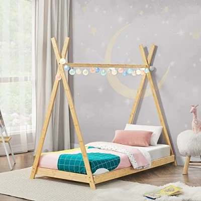 Imagen de [en.casa] Cama Infantil Diseño Tipi Montessori para Niños con Somier 70 x 140 cm Carga Máx. 200 kg Bambú 148 77 155 Color Natural