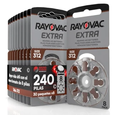 Imagen de 240 baterías para aparatos acústicos Rayovac Extra 312. 30 blísteres de 8 Pilas