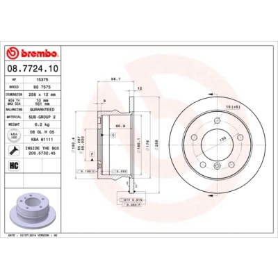 Imagen de BREMBO 08.7724.10 Disco de freno 258 12 5 macizo altamente carbonizado con tornillos MERCEDES BENZ: Sprinter 3 T Furgón, 2 Furgón