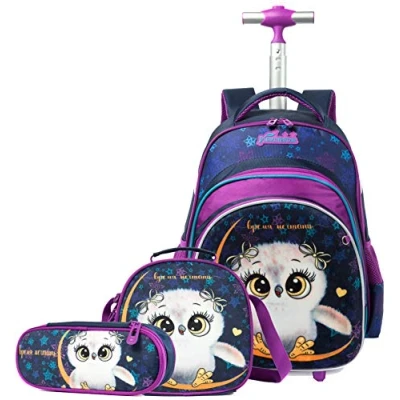 Imagen de HTgroce Mochila Escolar Niña con Ruedas Búho Ruedas,Estudiantes de Primaria Carros para Mochilas Bolsa Almuerzo Estuche Escolares Equipaje Viaje Multifuncional.