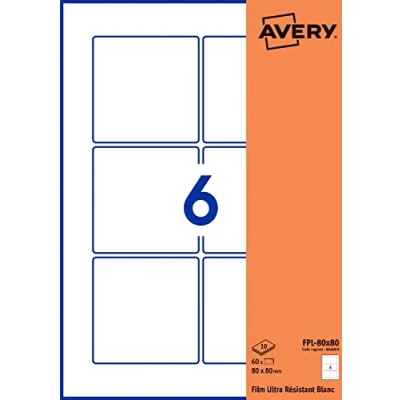 Imagen de Avery Bolsa de 60 etiquetas autoadhesivas cuadradas, película poliéster blanco, tamaño 80 x mm, personalizables e imprimibles láser y copiadora (FPL mm)