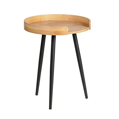 Imagen de WENKO Mesa Auxiliar Loft, pequeña de Centro bambú sostenible y Metal, diseño Industrial Fresco para Cocina, Pasillo, salón, mesita Noche Redonda, Ø 40 x 50 cm, Negro Mate/Natural