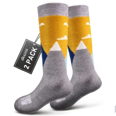 Imagen de OutdoorMaster 2 Pares Unisex Lana Merino Calcetines de Esquí para Chicos &amp; Niñas, Niño Invierno Snowboarding Transpirables Deportes al Aire Libre con Diseño OTC/Puño Antideslizante