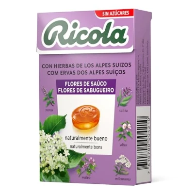 Imagen de Ricola Flor de Saúco, Caramelos Duros, Refresca y Alivia la Garganta las Vías Respiratorias, con 13 Hierbas Suizas Aceites Esenciales, Sin Azúcar, Edulcorante Caja 50 g