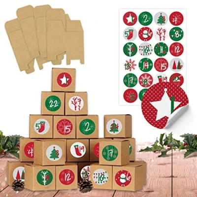 Imagen de Papierdrachen DIY calendario de adviento para rellenar rojo verde 24 cajas marrones naturales cartón 400g/m² colocar y decorar Navidad