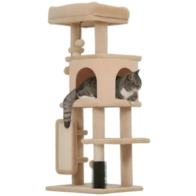 Imagen de PawHut Árbol Rascador para Gatos Altura 104 cm Torre con Plataformas Poste Cepillo Bolas Colgantes y Almohadilla Rascar Beige