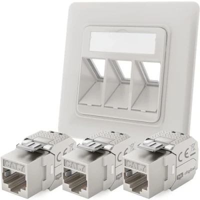 Imagen de hb digital Enchufe de red RAL9003 3 puertos CAT 7 + x Keystone RJ45 módulo LAN Ethernet hembra para 5e 6 6a máx. 10 Gbps STP Blanco señal