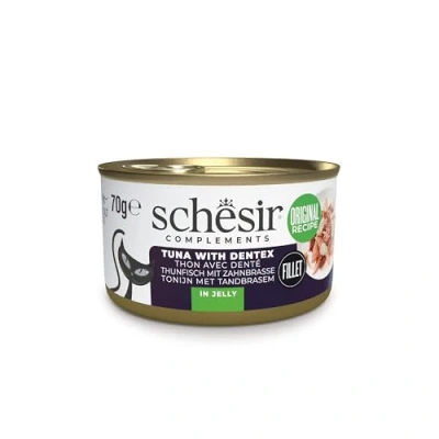 Imagen de Schesir, Filetes de Atún con Merluza en Gelatina, Comida Húmeda Complementaria para Gatos, Latas, Receta Original, 100% Natural, 12 x 70g