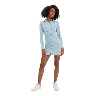Imagen de Trendyol Vestido Tejido de Cuello Polo estándar Delgado para Mujer, Azul, XXL