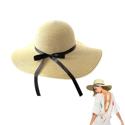 Imagen de UILYNIU Sombrero de Visera Plegable, Playa Paja ala Ancha, para Mujer Verano, la Viajes y Exteriores (Caqui)