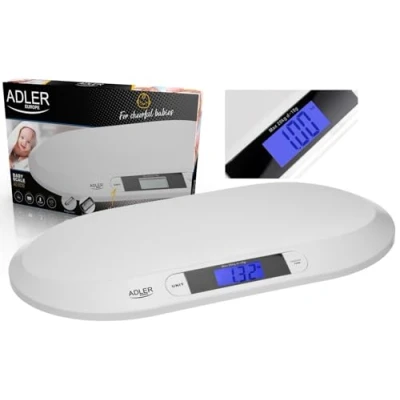 Imagen de ADLER AD8139 Báscula Bebé Digital hasta 20 Kg, Peso Electrónico con Pantalla LCD, Función HOLD Pesa Precisión Aunque Haya Movimiento, Tara, Ideal Control Recién Nacidos
