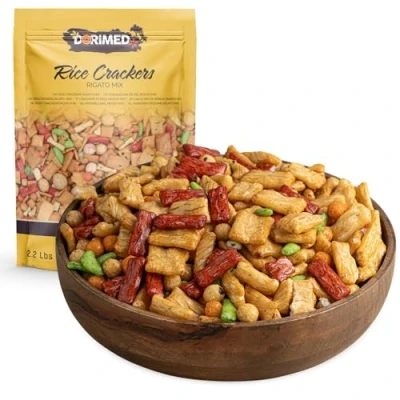 Imagen de Mezcla de Aperitivo Palitos Arroz Rigato I Frito Salados en Pack 1kg Surtido Variado Harina Arroz, Tapioca y Paprika Sabor Asiático con Toque a Sal, Soja Agridulce Dorimed