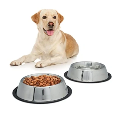 Imagen de Relaxdays Set 2 Comederos Perro, Cuenco Agua, Comida, Antideslizante, Bebedero Acero Inoxidable Talla L, 0,75L, Plateado
