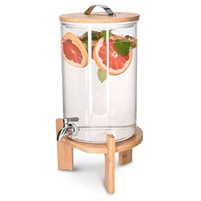 Imagen de Navaris Dispensador de Bebidas Cristal Botella con Grifo Soporte y Tapa Madera para Bebida Caliente o fría Garrafa Agua 7 L Sin BPA
