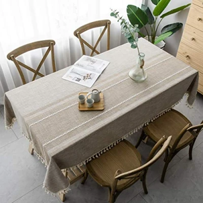 Imagen de Pahajim Mantel Mesa Rectangular Antimanchas Impermeable Algodon Lino Borla para Cocina Comedor Buffet de la Tabla（Marrón,Rectangular/Oval,140x200cm）