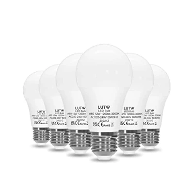 Imagen de LUTW Bombilla LED E27 (3000 K, 12 W, equivalente a 100 bombillas A60, casquillo Edison de tornillo, 1200 lm, ahorro energía, ángulo haz 220 , no regulable, plástico, 6 unidades