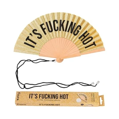 Imagen de Fisura Abanico original con mensaje “f*cking hot. de madera moderno y colorido. Ventilador mano purpurina dorada. Colgador incluido. Medidas: 42,5 x 23 cm