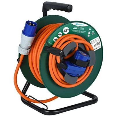 Imagen de Electraline 49208 Cable Alargador con Enrollacables Industrial de 25M para Campistas, Camping, Caravana,con Doble Toma (1 CEE Industrial+1 Schuko), Enchufe IEC, H07RN F 3G2.5mm IP44, Verde