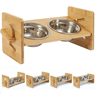Imagen de BINGOPAW Comedero Gato Inclinado,Comedero Perro Doble Acero Inoxidable Comederos Gatos Elevadp Cuenco Altos con Angulo Altura Ajustable y Soporte de Bambu 31x17x16cm Total 760ml