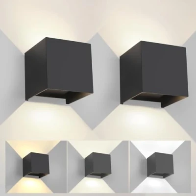 Imagen de 2 Piezas Aplique de Pared exterior Interior luz ajustable 3 Colores LED Lámparas Moderno Negro 15W IP65 Impermeable Apliques cuadrada aluminio Ángulo 11CM