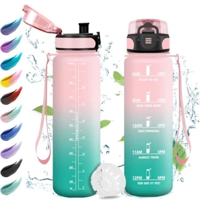 Imagen de Botella de Agua 1 Litro, con Marcador Tiempo, Reutilizable, Motivadora y Prueba Fugas, Garrafa para Escuela, Senderismo, Gimnasio, Bicicleta, Adultos, Oficina