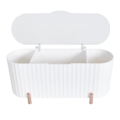 Imagen de Organizador de Almohadillas Maquillaje, Dispensador Algodón 3 Compartimentos, Caja Bastoncillos Algodonero con Tapa, Maquillaje Baño y Tocador (Blanco)