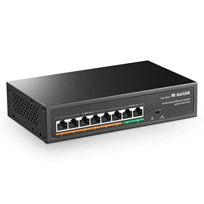 Imagen de MokerLink 8 Puertos Switch PoE con 6 PoE+, 2 Uplink, 100Mbps, Detección de IA 78W, Conmutador Red Plug &amp; Play Metal sin Ventilador