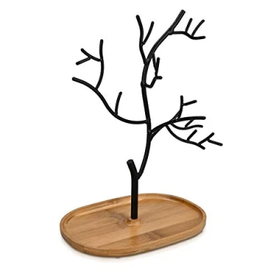 Imagen de Navaris Árbol organizador de joyas metal Soporte para pendientes con plato madera guardar collares anillos pulseras accesorios