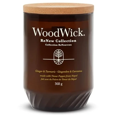 Imagen de WoodWick Renew vela perfumada con mecha crujiente, grande de jengibre y cúrcuma, mezcla cera soja coco a base plantas, fabricada materiales reciclados