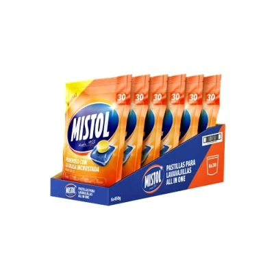 Imagen de Mistol All In One 180UDS Pastillas Lavavajillas con Potencia Desengrasante Avanzada, Brillo Intenso y Disolución Rápida, Protección Total Cero Residuos Limpieza Eficaz Responsable