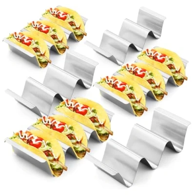 Imagen de HIYAA Juego de 6 soportes para tacos acero inoxidable con asas, capacidad hasta 3 uso en restaurantes y casa