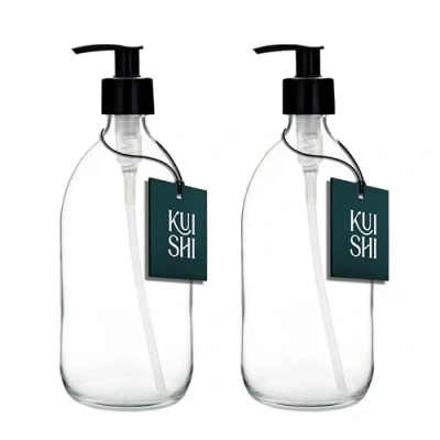 Imagen de Kuishi Clear Glass Soap Dispenser with Pump [1000ml Pack of 2], Black Plastic (BPA Free), Shampoo Bottles