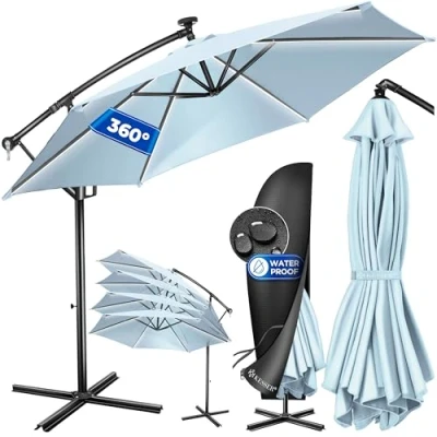 Imagen de KESSER® Sombrilla LED solar de aluminio, incluye tapa, mando a distancia y manivela, con soporte, función 360, protección UV, impermeable, color azul claro, 300 cm