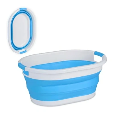 Imagen de Relaxdays Cesta Plegable Colada, 36 L, Canasto Ropa Plástico, Compacto para Ahorrar Espacio, con Asas, Azul y Blanco