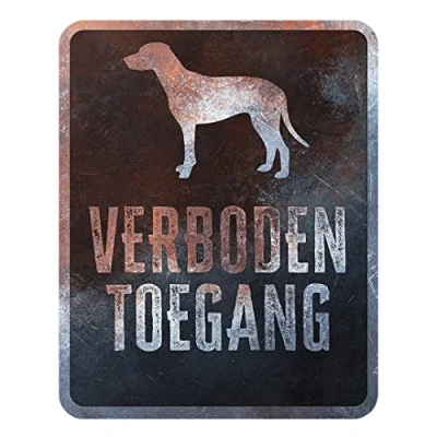 Imagen de D&amp;D Home, Panel de Aversión Atención al Perro, 25x20x0,3 cm, Versión holandesa, Fondo Negro, Señal advertencia metal resistente óxido con texto divertido
