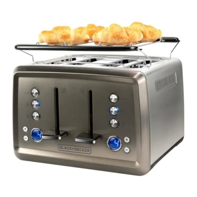 Imagen de Tostadora Black+Decker con 4 ranutras extra anchas y accesorio para panecillos. 1960W. Inox.