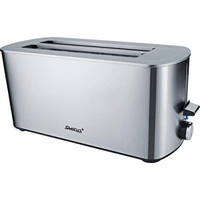 Imagen de tostadora de ranura larga Steba, doble para 4 rebanadas pan tostado, carcasa acero inoxidable antihuellas, bandeja recogemigas extraíble y enrollacables. TO 21 Inox.