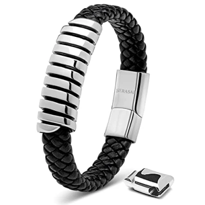 Imagen de SERASAR Pulseras de Cuero Hombre Plata 23cm Plateado Hombres Brazalete Pulso Muñequeras Bisuteria Bisutería Joyeria Nudos Cuerda Cuerdas Leather Bracelet Men Jewellery Unisex Ancha