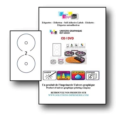 Imagen de 10 hoja de etiquetas 2 CD/DVD opaco adhesivo hojas diámetro 117 mm para impresora láser y inyección tinta