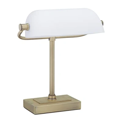 Imagen de Relaxdays Lámpara Banquero Vintage, Tulipa Cristal Orientable, Base Metal, Luz Escritorio, E14, Retro, Blanco y Latón