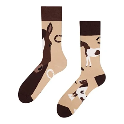 Imagen de Dedoles Calcetines Unisex Hombre Mujer y Niños Algodón muchos diseños divertidos diferente izquierda derecha, color: Beis, diseño: Caballos, tamaño: 39 42