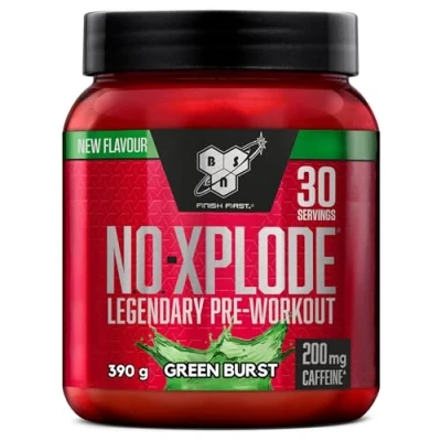 Imagen de BSN Nutrition N.O. Xplode Suplemento Alimenticio en Polvo para Preentrenamiento, Apoyo de Energía y Concentración con Cafeína, Aminoácidos, Vitamina C Zinc, Sabor Explosión Verde, 30 Porciones, 390g