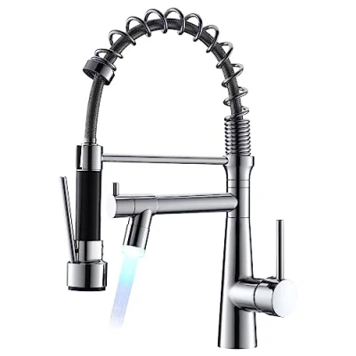 Imagen de Timaco grifo de cocina led cromado con muelle en espiral, giratorio 360 , grifos para fregadero dos caños, y ducha extensible, alta presión
