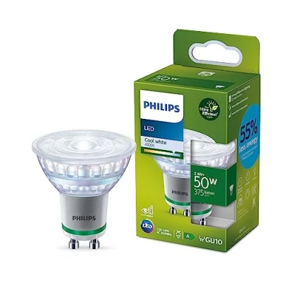 Imagen de Philips Bombilla LED Clásica Tipo foco Eficiente, Casquillo GU10 2.1W, 375 Lúmens, Luz Blanca Fría, 4000k, Clase Energetica A