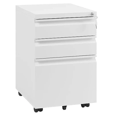 Imagen de WOLTU Archivador Móvil con 3 Cajones Cerradura, Cajonera de Oficina Ruedas Universales, Mueble para Archivos y Carpetas Colgantes, Blanco, 39x46x62 cm, ASK03ws
