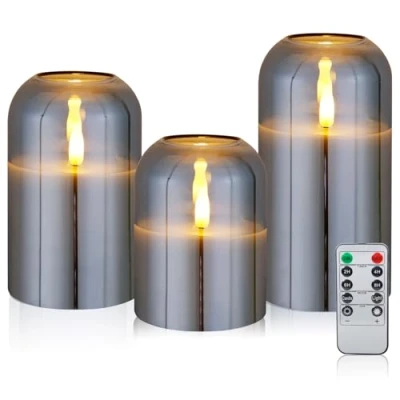 Imagen de CCLIFE Velas eléctricas y LED de cera real con control remoto, función temporizador, hechas parafina, Funcionamiento batería,Vidrio oro 3 Piezas