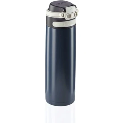 Imagen de Leifheit Vaso térmico Flip (600 ml) con tapón de rosca, taza hermética bloqueo adicional contra fugas, termo portátil, una mano, azul oscuro